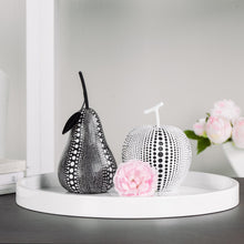 Load image into Gallery viewer, This stunning resin black pear figure features a painted debossed textured dot pattern to highlight its modern form, giving it a twist to traditional pear decorations.  This whimsical decorative accent makes a fun, yet bold statement when perched on a shelf or table in the kitchen or living room. Display it on its own or pair it with its complementary white resin apple for a unique look as shown.  Perfect for Birthdays, Housewarming, Bridal Shower or Teachers gift.  Size:  4.5d x 9h&quot;  Material:  Polyresin
