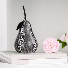 Load image into Gallery viewer, This stunning resin black pear figure features a painted debossed textured dot pattern to highlight its modern form, giving it a twist to traditional pear decorations.  This whimsical decorative accent makes a fun, yet bold statement when perched on a shelf or table in the kitchen or living room. Display it on its own or pair it with its complementary white resin apple for a unique look as shown.  Perfect for Birthdays, Housewarming, Bridal Shower or Teachers gift.  Size:  4.5d x 9h&quot;  Material:  Polyresin
