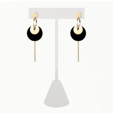Load image into Gallery viewer, Earrings - Gold Plated Long Dangling Black Disc with Gold Disc and Bar
