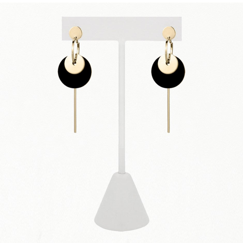 Earrings - Gold Plated Long Dangling Black Disc with Gold Disc and Bar