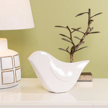 Load image into Gallery viewer, This beautiful Finch Mod ceramic bird sculpture is a modern nature inspired piece with a fresh urban feel.  Hand crafted with a contemporary design, that will look stunning in any decor setting.  Size: 11w&quot; x 3.25d&quot; x 6.5h&quot;  Material:  Ceramic
