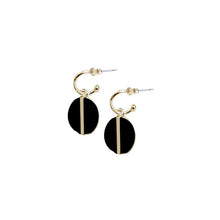 Load image into Gallery viewer, We absolutely adore these delicate black and gold earrings.  Their size and style exudes sophistication and will compliment any outfit.  Details:  Gold plated hoops Resin and gold plated 1&quot; diameter pendant Hypoallergenic Nickel/lead free 3 coats anti-tarnis
