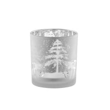 Load image into Gallery viewer, This beautiful Silhouette Glass Votive with its combination of the frosted and mirror glass makes this a standout piece.  It brings the timeless elegance of winter, with the iconic silhouette of the noble stag, together for the perfect accent to any home, office, or cottage and makes a great addition to your holiday decorations.  Add ambience to your room with a tealight, or place on a shelf or table and fill with a pre-potted plant or florals for a lively display.Size:  3&quot; H x 3&quot;D  Handwash  
