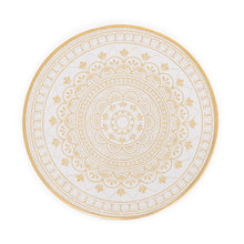 Load image into Gallery viewer, The gorgeous Art Deco inspired White and Gold pattern of these Savoy glass top coasters make them truly stand out. The plastic trim and glass top makes them easy to care for. Includes the storage box. Size:  Each. 4d x 0.25h&quot; (Set of 4) Box. 4.25d x 1.25h&quot;  Material:  Glass/Plastic Colour:  White/Gold 
