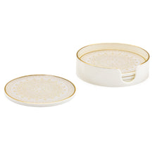 Load image into Gallery viewer, The gorgeous Art Deco inspired White and Gold pattern of these Savoy glass top coasters make them truly stand out. The plastic trim and glass top makes them easy to care for. Includes the storage box. Size:  Each. 4d x 0.25h&quot; (Set of 4) Box. 4.25d x 1.25h&quot;  Material:  Glass/Plastic Colour:  White/Gold 
