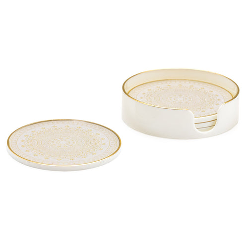 The gorgeous Art Deco inspired White and Gold pattern of these Savoy glass top coasters make them truly stand out. The plastic trim and glass top makes them easy to care for. Includes the storage box. Size:  Each. 4d x 0.25h