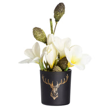 Load image into Gallery viewer, This beautiful Silhouette Glass Votive brings the timeless elegance of black and gold together with the iconic silhouette of the noble staghead. This piece is the perfect accent to any home, office, or cottage and makes a great addition to your holiday decorations.  Add ambience to your room with a tealight, or place on a shelf or table and fill with a pre-potted plant or florals for a lively display.  Size:  3&quot; H x 3&quot;D  Handwash  *Includes (1) tealight
