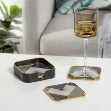 Load image into Gallery viewer, The stunning Art Deco inspired Black, White and Gold pattern of these glass top Savoy coasters make them truely stand out at any social gathering. The plastic trim and glass top makes them easy to care for. Includes the storage box. Size:  Each. 4 x 4&quot; (Set of 4) Box. 4.25 x 4.2 5x 1.25h Material:  Glass/Plastic Colour:  Black/White/Gold  
