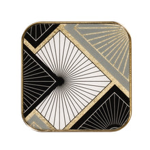 Load image into Gallery viewer, The stunning Art Deco inspired Black, White and Gold pattern of these glass top Savoy coasters make them truely stand out at any social gathering. The plastic trim and glass top makes them easy to care for. Includes the storage box. Size:  Each. 4 x 4&quot; (Set of 4) Box. 4.25 x 4.2 5x 1.25h Material:  Glass/Plastic Colour:  Black/White/Gold 
