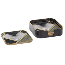 Load image into Gallery viewer, The stunning Art Deco inspired Black, White and Gold pattern of these glass top Savoy coasters make them truely stand out at any social gathering. The plastic trim and glass top makes them easy to care for. Includes the storage box. Size:  Each. 4 x 4&quot; (Set of 4) Box. 4.25 x 4.2 5x 1.25h Material:  Glass/Plastic Colour:  Black/White/Gold 
