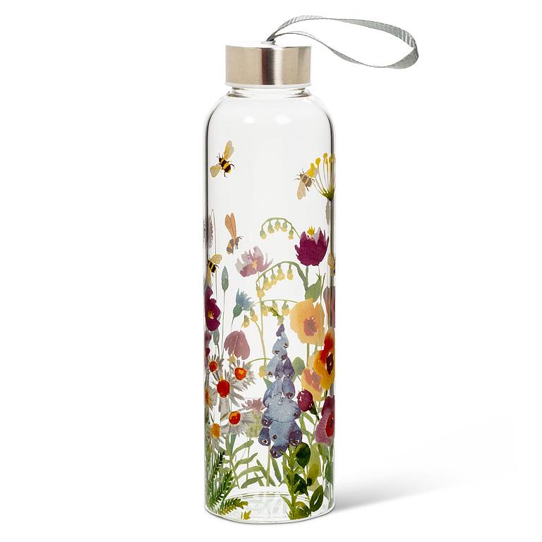 Water Bottle - Clear Glass with Stainless Still Lid & Wrist Strap - Bee Garden Decal