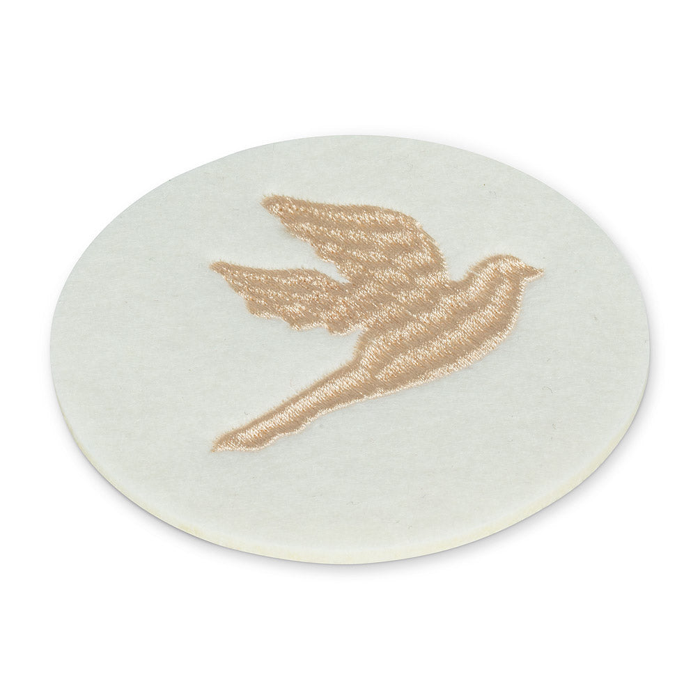 Set your table free of watermarks with this beautiful Gold Dove Coaster. Crafted out of polyester felt, this round ivory-coloured coaster features an elegant bird silhouette in mid-flight.  Perfect for any seasonal gathering.