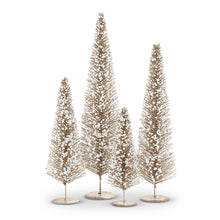 Load image into Gallery viewer, Create a winter wonderland on your mantel, sideboard or dining room table with these charming bottle brush Christmas trees. Crafted from sisal fiber sprayed with festive glitter and sprinkled with a dust of snow on their branches.  They sparkle in the light of candles and string lights and create a beautiful mantel-scape bottle brush forest.  These snowy trees are the perfect way to add a touch of festive glamour anywhere. 4 Sizes Available:  Extra Large:  24&quot;H Large:  20&quot;H Medium:  16&quot;H Small:  12&quot;H
