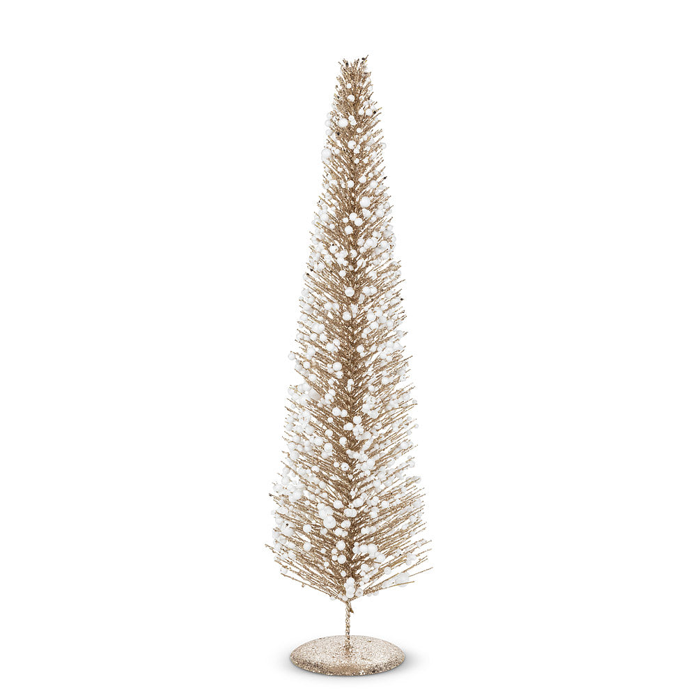 Create a winter wonderland on your mantel, sideboard or dining room table with these charming bottle brush Christmas trees. Crafted from sisal fiber sprayed with festive glitter and sprinkled with a dust of snow on their branches. Large:  20