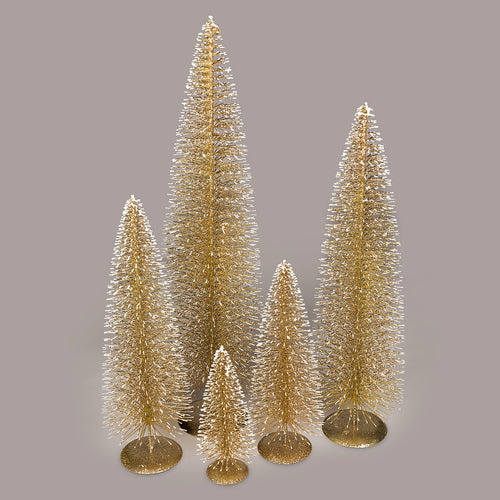Create a winter wonderland on your mantel, sideboard or dining room table with these charming bottle brush Christmas trees in on-trend hues. Crafted from sisal fiber sprayed with festive glitter and perched on metal stands.  Colour: Gold.  5 Sizes Available:  Extra Large:  24