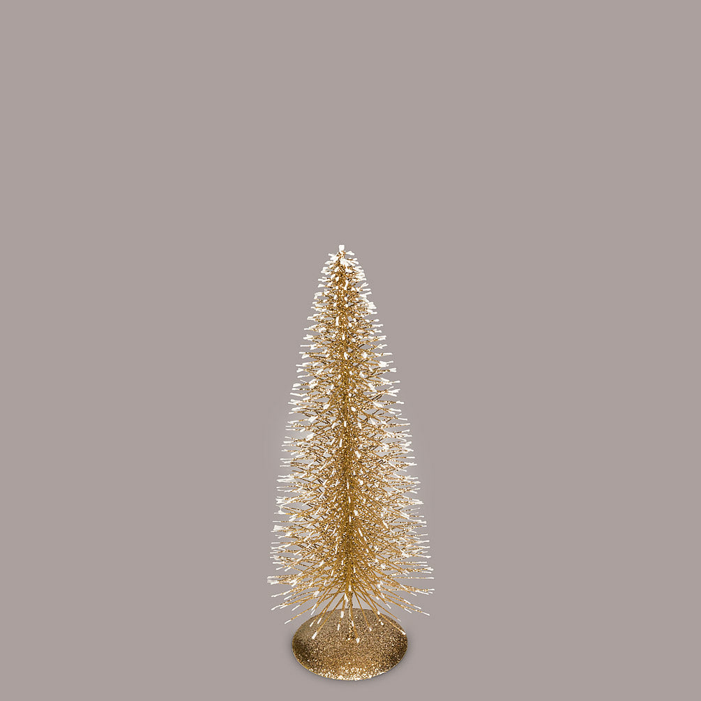 Create a winter wonderland on your mantel, sideboard or dining room table with these charming bottle brush Christmas trees in on-trend hues. Crafted from sisal fiber sprayed with festive glitter and perched on metal stands. Colour: Gold.Small:  12