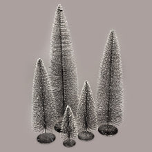Load image into Gallery viewer, Create a winter wonderland on your mantel, sideboard or dining room table with these charming bottle brush Christmas trees in on-trend hues. Crafted from sisal fiber sprayed with festive glitter and perched on metal stands. Colour:  Dark Grey. 5 Sizes Available:  Extra Large:  24&quot;H Large:  20&quot;H Medium:  16&quot;H Small:  12&quot;H Extra Small:  8&quot;H
