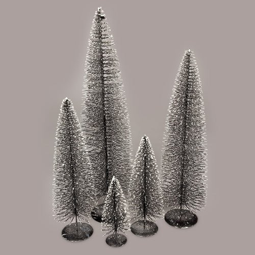 Create a winter wonderland on your mantel, sideboard or dining room table with these charming bottle brush Christmas trees in on-trend hues. Crafted from sisal fiber sprayed with festive glitter and perched on metal stands. Colour:  Dark Grey. 5 Sizes Available:  Extra Large:  24