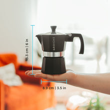 Load image into Gallery viewer, Dimensions of the Milano Black Espresso machine are 3.5 in diameter by 6 in high. it is a 3-cup espresso machine

