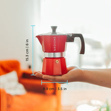 Load image into Gallery viewer, Dimensions of the Milano Red Espresso machine are 3.5 in diameter by 6 in high.  it is a 3-cup espresso machine
