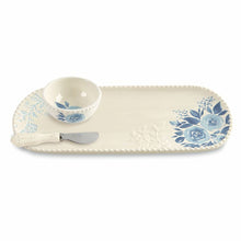 Load image into Gallery viewer, 3 piece appetizer serving set, complete with platter, bowl and spreader.  Beautiful blue floral inlay on every piece.  Made by Mud Pie.
