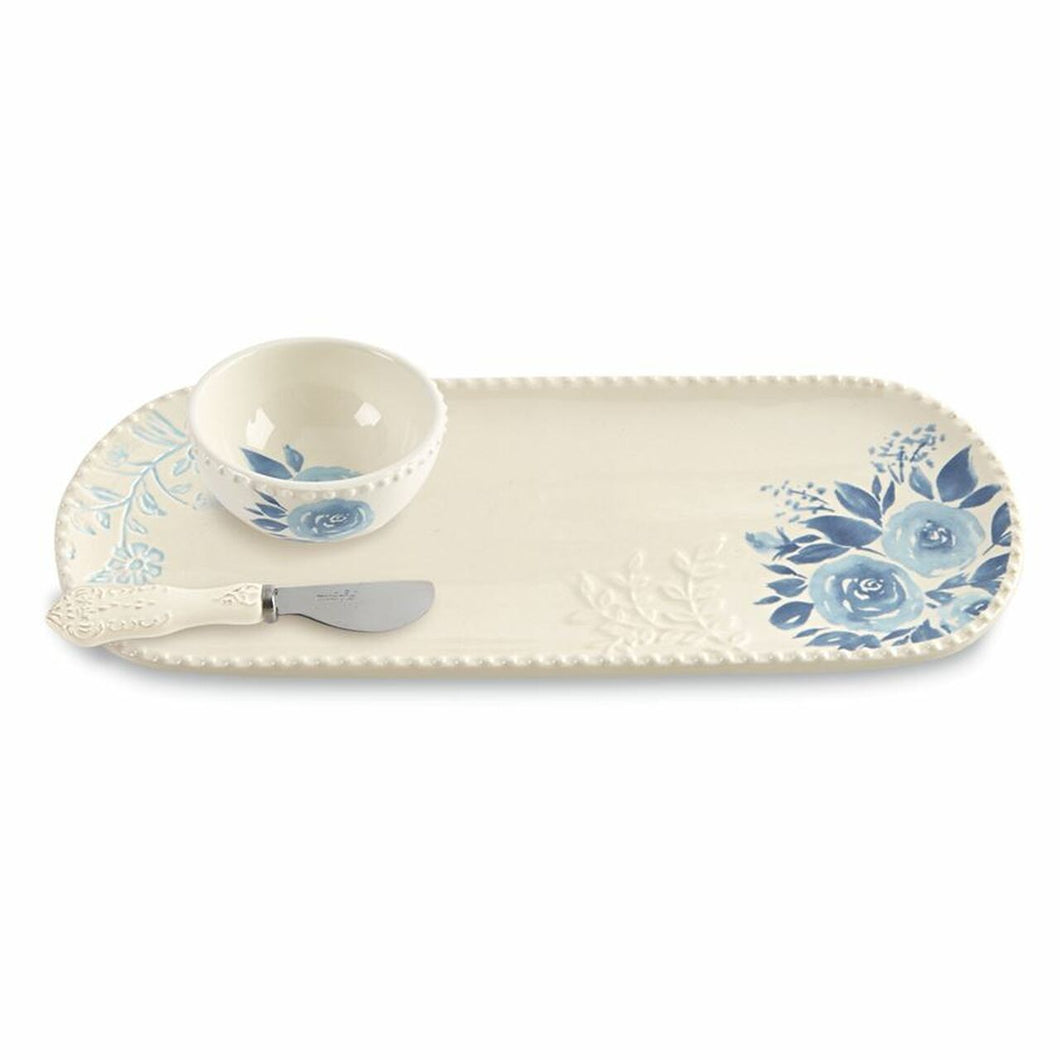 3 piece appetizer serving set, complete with platter, bowl and spreader.  Beautiful blue floral inlay on every piece.  Made by Mud Pie.