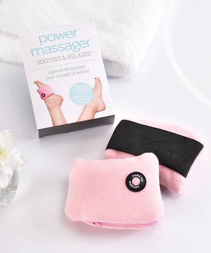 After a long day, sit, relax and soothe tired feet with this vibrating foot massager.  This power massager features a black elastic band to fit around your feet, and a push on/off button with 2 speed settings.  The soothing vibration eases aches and tightness.  The elastic makes it easy to slip-on and off.  Compact and convenient to carry on-the-go.  Polar fleece battery pouch makes it comfortable to wear.  2 AA Batteries Required (not included).   Polar Fleece, Elastic Band, Motor.  One massager per box.