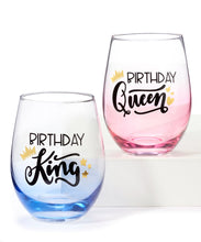 Load image into Gallery viewer, Celebrate like royalty with this stemless wine glass detailed with gold decorations and a &quot;Birthday King&quot; sentiment.  Just add cake...and his favourite beverage of course!!  Capacity:  16 oz  Material:  Glass  *Hand Wash Only
