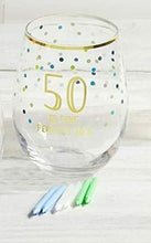 Load image into Gallery viewer, Let&#39;s celebrate the birthday star with our 50th Birthday Wine Glass and Candle Set. The two piece set comes with a foiled stemless wine glass with confetti details. The wine glass features the sentiment &quot;50 is five perfect 10&#39;s&quot; and comes with its own pack of six colorful birthday candles.  Just add cake...and wine of course!!  Set includes:  16oz glass tumbler 6 multi-coloured candles  HAND WASH. DO NOT SOAK. DRY IMMEDIATELY.
