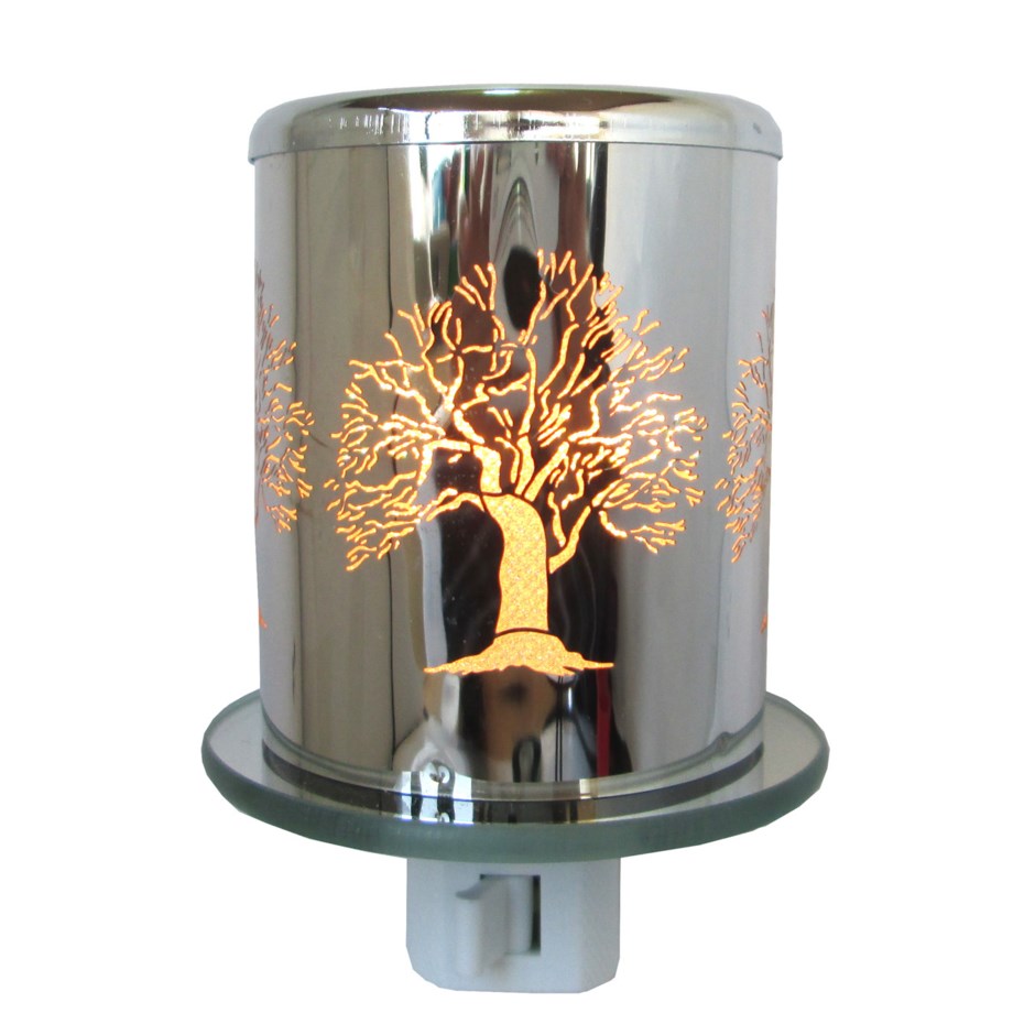 Aluminum crafted, this electric plug-in night light, with on/off switch, is ideal for any room in the house, especially bedrooms and corridors.  It will be an extension of your decor and the beautiful tree pattern will provide a warm and soft glow.  Size:  2.5 x2.5 x2.9 in. 1 Watt LED, warm white light bulb included In-door use only