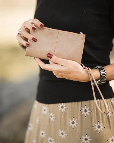 The Elsie is an ideal mid-sized wallet for a woman on the go. It has a stylish, soft feel, press stud closure and a removeable wristlet. 2 Colours to choose from: Putty Black Features: 11 x Card Holders 3 x Note Compartments Detachable Wristlet Internal Lining: Black/White Stripe Press Stud Closure Hardware: Light Gold Material: Vegan Leather Dimensions: W18.5 x H9.5 x D1.5cm. Shown: Putty
