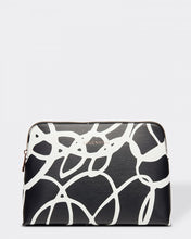 Load image into Gallery viewer, The Bardot Swirl Case is a funky, black and white art print case with a firm structure so it stands tall in your bathroom.  Perfect as a make-up or toiletry case for those weekend getaways.  It&#39;s Rose Gold zippr is a beautiful additional detail.  Pair it with the Emma Hanging Toiletry case for an Exclusive Bundle!  Internal Features:  2 Flat Pockets Lining: Polyester Sateen Twill Secure Zip Material: Vegan Leather  Hardware: Rose Gold  Dimensions: H18.5 x W26 x D9 cm
