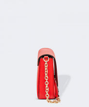 Load image into Gallery viewer, The Red Gemma Bag is an eye catching bag with it&#39;s structured body and chain feature.   A striking outfit addition that will carry your essentials on a special night out.     Features:  1 Zip Pockets 1 Card Slot Internal lining - Black/White Stripe Strap: Chain Feature Closure: Magnetic Clasp Material: Vegan Leather  Hardware: Light Gold  Dimensions: W18 x H16.5 x D6 cm
