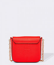 Load image into Gallery viewer, The Red Gemma Bag is an eye catching bag with it&#39;s structured body and chain feature.   A striking outfit addition that will carry your essentials on a special night out.     Features:  1 Zip Pockets 1 Card Slot Internal lining - Black/White Stripe Strap: Chain Feature Closure: Magnetic Clasp Material: Vegan Leather  Hardware: Light Gold  Dimensions: W18 x H16.5 x D6 cm
