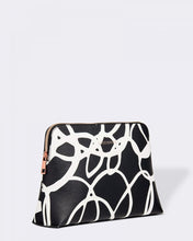 Load image into Gallery viewer, The Bardot Swirl Case is a funky, black and white art print case with a firm structure so it stands tall in your bathroom.  Perfect as a make-up or toiletry case for those weekend getaways.  It&#39;s Rose Gold zippr is a beautiful additional detail.  Pair it with the Emma Hanging Toiletry case for an Exclusive Bundle!  Internal Features:  2 Flat Pockets Lining: Polyester Sateen Twill Secure Zip Material: Vegan Leather  Hardware: Rose Gold  Dimensions: H18.5 x W26 x D9 cm
