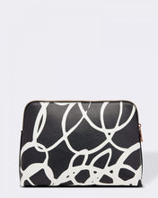 Load image into Gallery viewer, The Bardot Swirl Case is a funky, black and white art print case with a firm structure so it stands tall in your bathroom.  Perfect as a make-up or toiletry case for those weekend getaways.  It&#39;s Rose Gold zippr is a beautiful additional detail.  Pair it with the Emma Hanging Toiletry case for an Exclusive Bundle!  Internal Features:  2 Flat Pockets Lining: Polyester Sateen Twill Secure Zip Material: Vegan Leather  Hardware: Rose Gold  Dimensions: H18.5 x W26 x D9 cm
