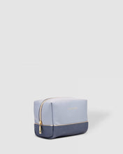 Load image into Gallery viewer, The Baby Tara cosmetic case is a beautiful top zipper makeup bag perfect for travel or storage. Gorgeous chambray two-tone colours and a soft texture, this travel case is spacious enough to fit your makeup or toiletries for a weekend away! Features: Lining: Polyester Sateen Twill Closure: Secure Zip Material: Vegan Leather Hardware: Light Gold Dimensions: W18 x H11 x D9.5cm
