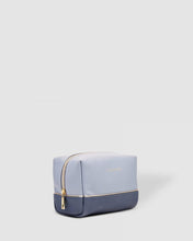 Load image into Gallery viewer, The Baby Tara cosmetic case is a beautiful top zipper makeup bag perfect for travel or storage. Gorgeous chambray two-tone colours and a soft texture, this travel case is spacious enough to fit your makeup or toiletries for a weekend away! Features: Lining: Polyester Sateen Twill Closure: Secure Zip Material: Vegan Leather Hardware: Light Gold Dimensions: W18 x H11 x D9.5cm
