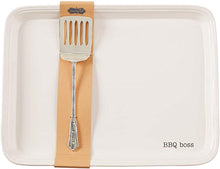 Load image into Gallery viewer, Serving Grilling Set - Mud Pie Large Ceramic White Platter Inscribed &quot;BBQ Boss&quot; with Silver Plated Spatula
