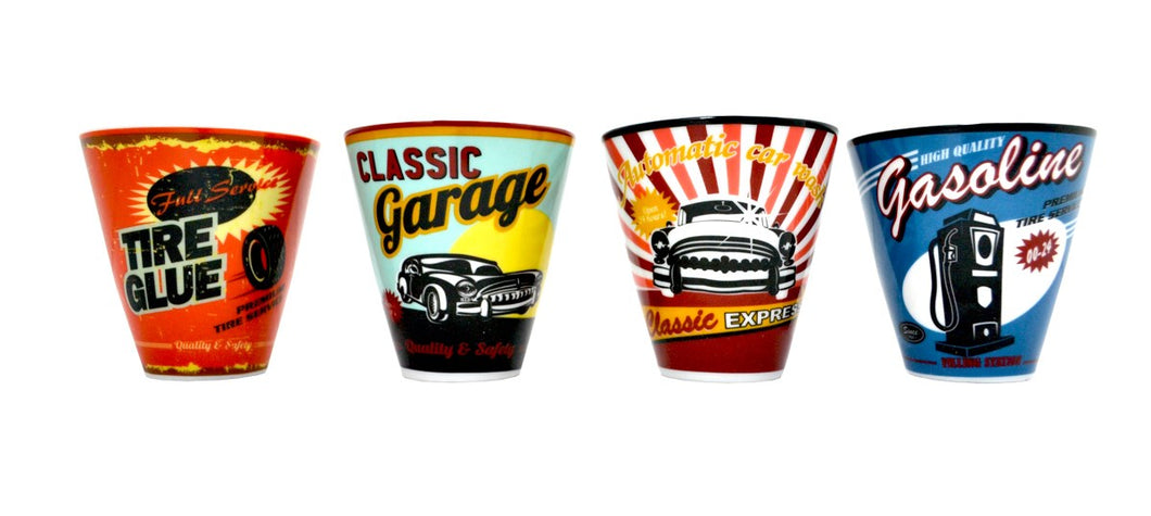 These Classic Retro 1950's Vintage-Style Auto Garage Espresso Demitasse Cups will ever go out of style.  Each beautiful porcelain cup has a unique Auto Garage design which pairs perfectly with any of our espresso machines.    4 Styles to choose from: Garage Express Tire Gasoline
