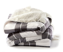 Load image into Gallery viewer, Throw Blanket - White Sherpa with Reversible Ultra Plush Black &amp; White Plaid &amp; Corner Tassels
