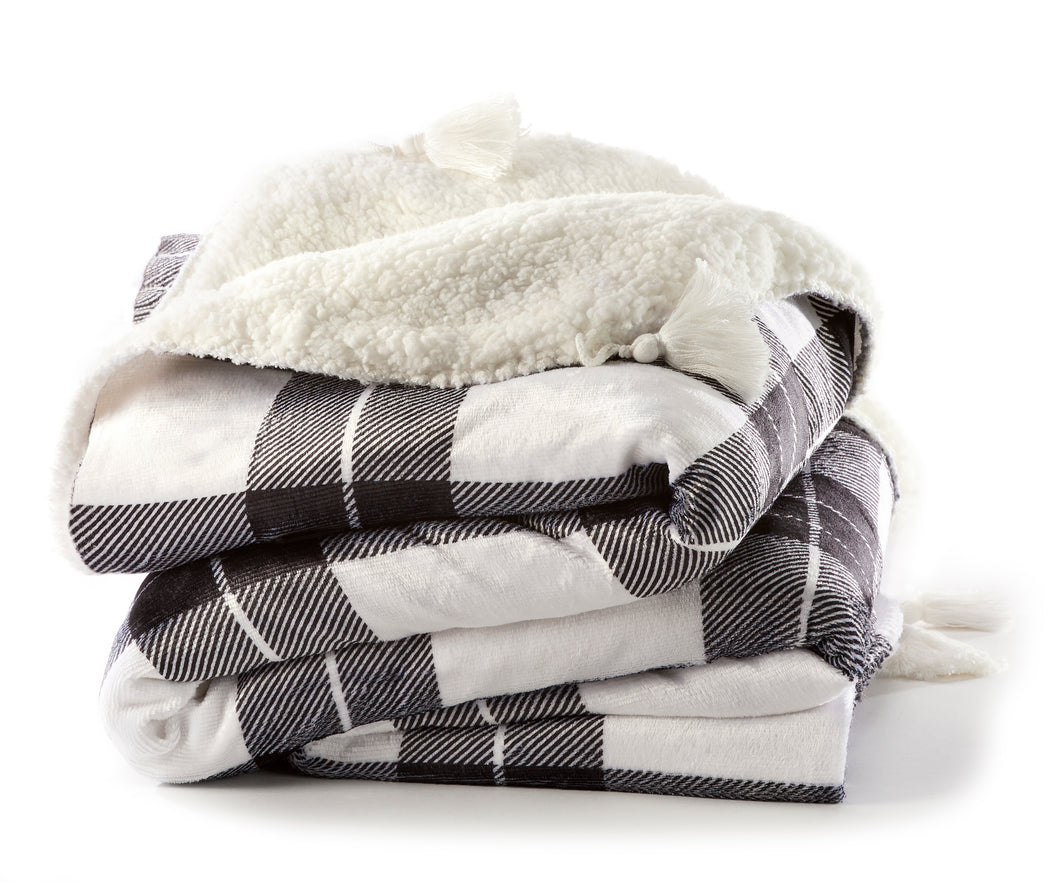 Throw Blanket - White Sherpa with Reversible Ultra Plush Black & White Plaid & Corner Tassels