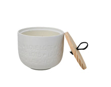 Load image into Gallery viewer, Candle - Embossed &quot;Love Lots, Laugh Often&quot; Ceramic Jars with Looped Wooden Lid - White - Fresh Cotton Scent
