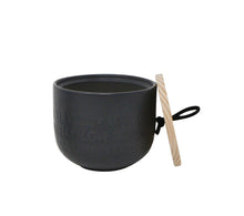 Load image into Gallery viewer, Candle - Embossed &quot;Love Lots, Laugh Often&quot; Ceramic Jars with Looped Wooden Lid - Black - Fig Scent
