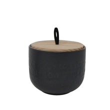 Load image into Gallery viewer, Candle - Ceramic Jar Black with Wood Lid &amp; Embossed &quot;Love Lots, Laugh Often&quot; - Fig Scent
