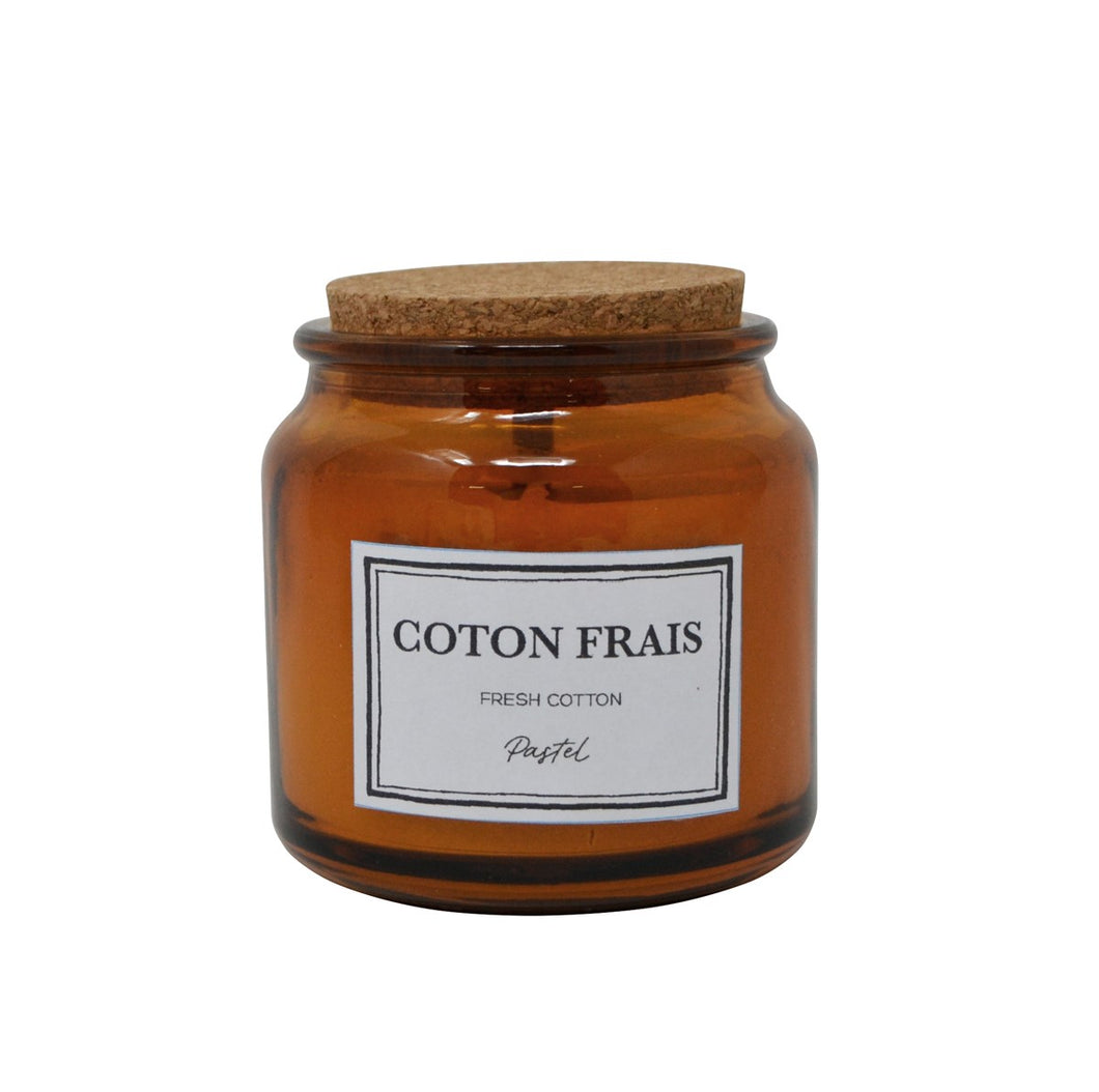 Candle - Apothecary Amber Glass Jar with Cork Lid and Wood Wick - Fresh Cotton Scent