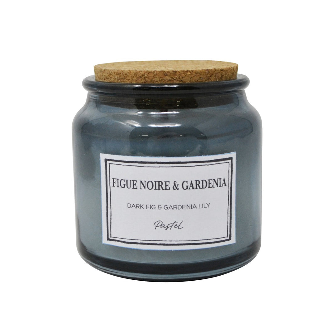 Candle - Glass Jar Blue with Cork Lid and Wood Wick - Dark Fig & Gardenia Lily Scent