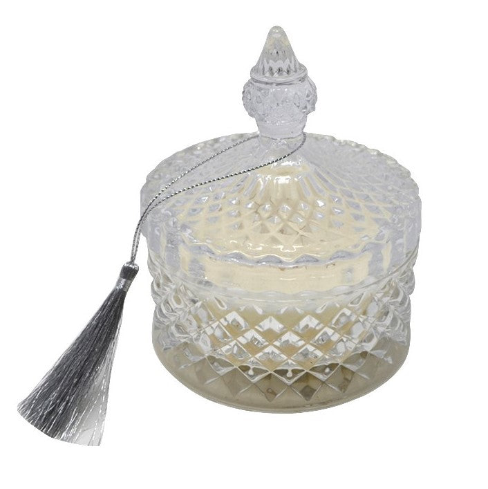 Candle - Luxury Diamond Cut Clear Glass with French Top Lid and Tassel - Fresh Water Scent - 2 Wick