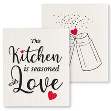 Load image into Gallery viewer, Amazing Swedish Dishcloth Set - Biodegradable &amp; Eco-Friendly Inscribed &quot;This Kitchen is Seasoned with Love&quot; (Set of 2)
