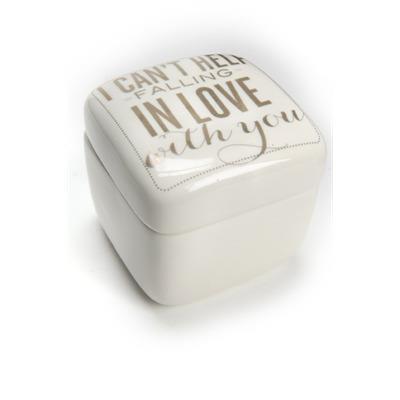 This one is a tribute to our parents and the love they shared.  This beautiful ceramic white and gold Trinket Box is inscribed with the famous Elvis Presley song 